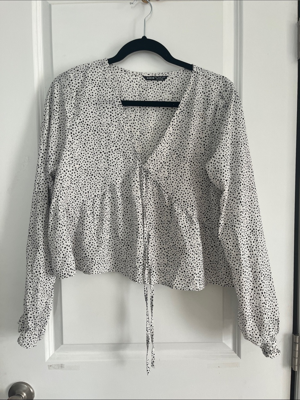 Polka Dot Tie-Front V-Neck Blouse - White/Black
